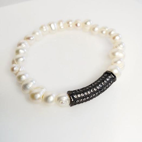 Freshwater Pearl Hematite White Stretch Bracelets - Pretty Fab Things