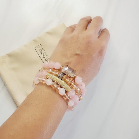 Pretty in Pink four piece natural & pave stone bead bracelet set 