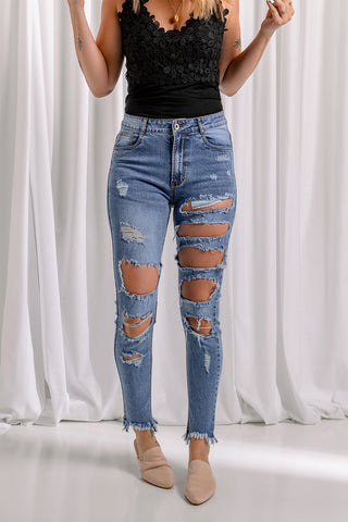 Raw Hem Skinny Distressed Jeans | Swanky Doll Clothing