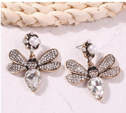 Silver Pave Crystal Queen Bee Pearl Earrings - Pretty Fab Things