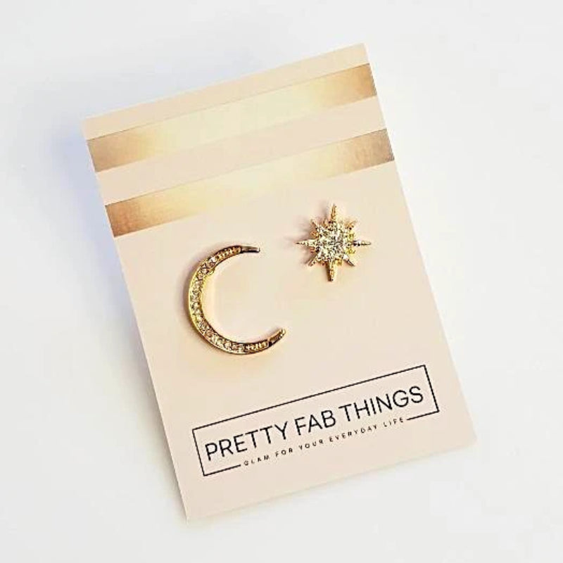 Moon & Stars Gold Stud Earrings Drop Earrings  | Pretty Fab Things