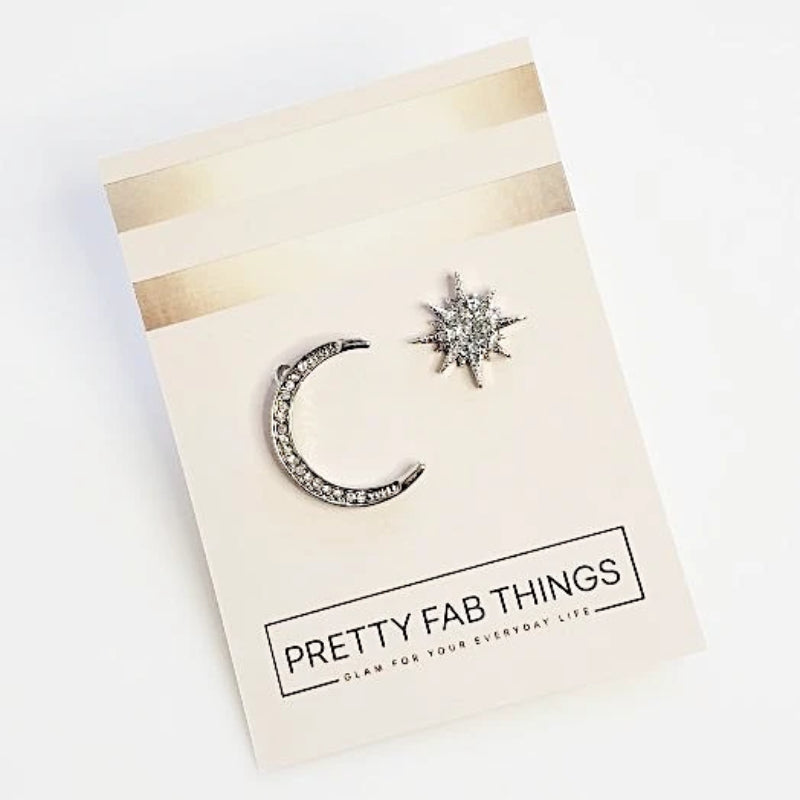 Moon & Stars Silver Stud Earrings Drop Earrings  | Pretty Fab Things