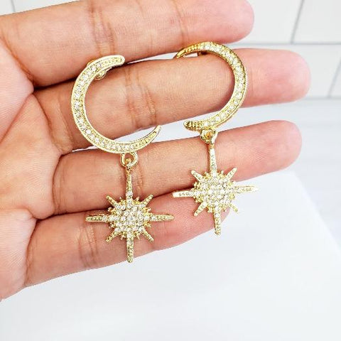 Gold Moon & Stars Crystal Drop Earrings - Pretty Fab Things