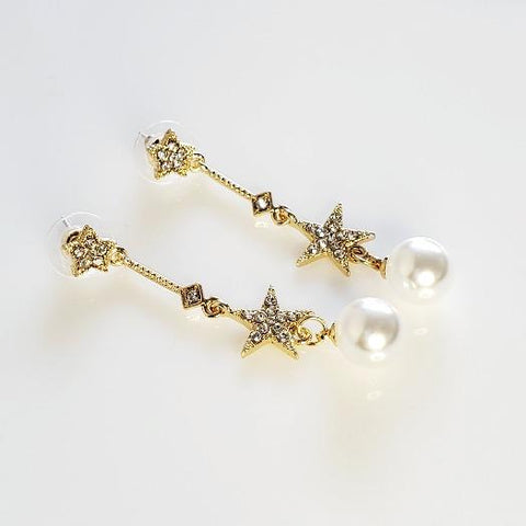 Pearl & Stars Gold Crystal Drop Star Earrings - Pretty Fab Things
