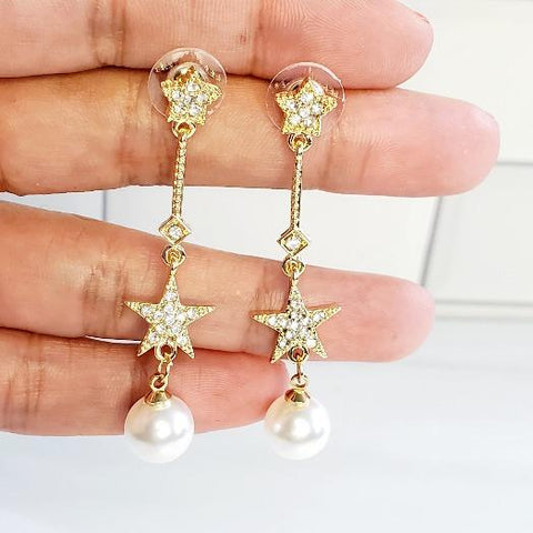 Pearl & Stars Gold Crystal Drop Star Earrings - Pretty Fab Things