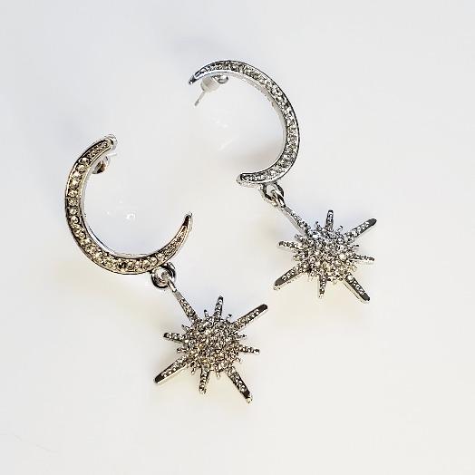 Silver Moon & Stars Crystal Drop Earrings - Pretty Fab Things