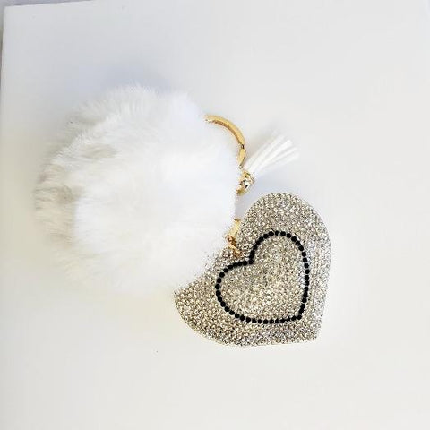 White Pompom Rhinestone Heart Tassel Key Chain - Pretty Fab Things