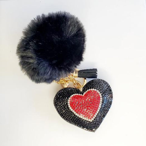 Black Pompom Rhinestone Heart Tassel Key Chain - Pretty Fab Things