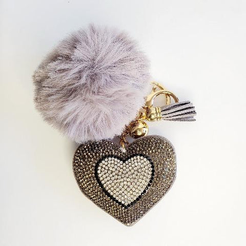 Gray Pompom Rhinestone Heart Tassel Key Chain - Pretty Fab Things