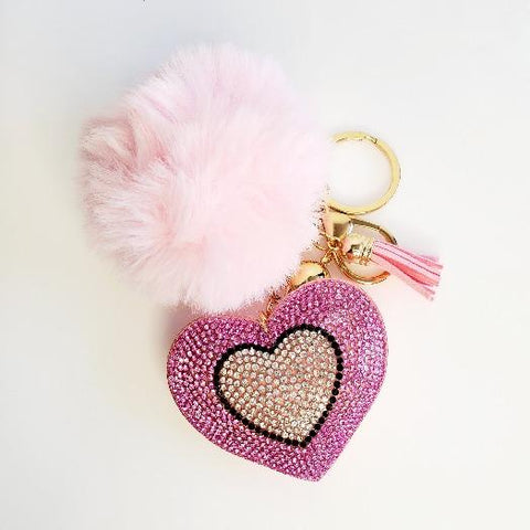 Pink Pompom Rhinestone Heart Tassel Key Chain - Pretty Fab Things