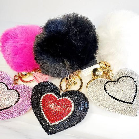 Pompom Rhinestone Heart Tassel Key Chain - Pretty Fab Things