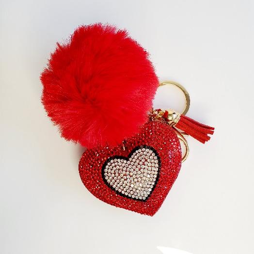 Red Pompom Rhinestone Heart Tassel Key Chain - Pretty Fab Things