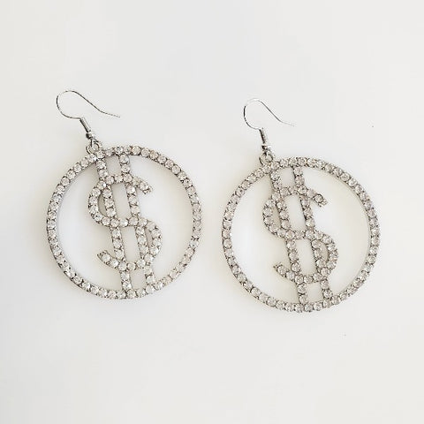 Dollar Sign Silver Rhinestone Hoop Earrings | Pretty Fab Things