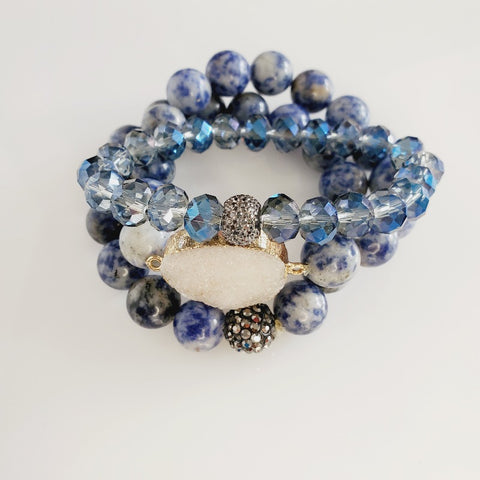 Sapphire Beads Druzy Stone 3 Piece Bracelet | Pretty Fab Things