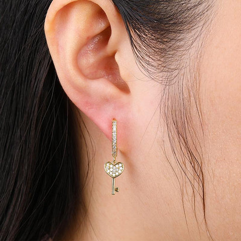 Gold Lock & Key Sterling Silver Huggie Earrings - Pretty Fab Things
