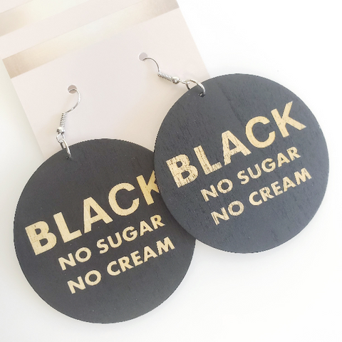 Black No Sugar No Cream Wood Hoop Earrings | Pretty Fab Things