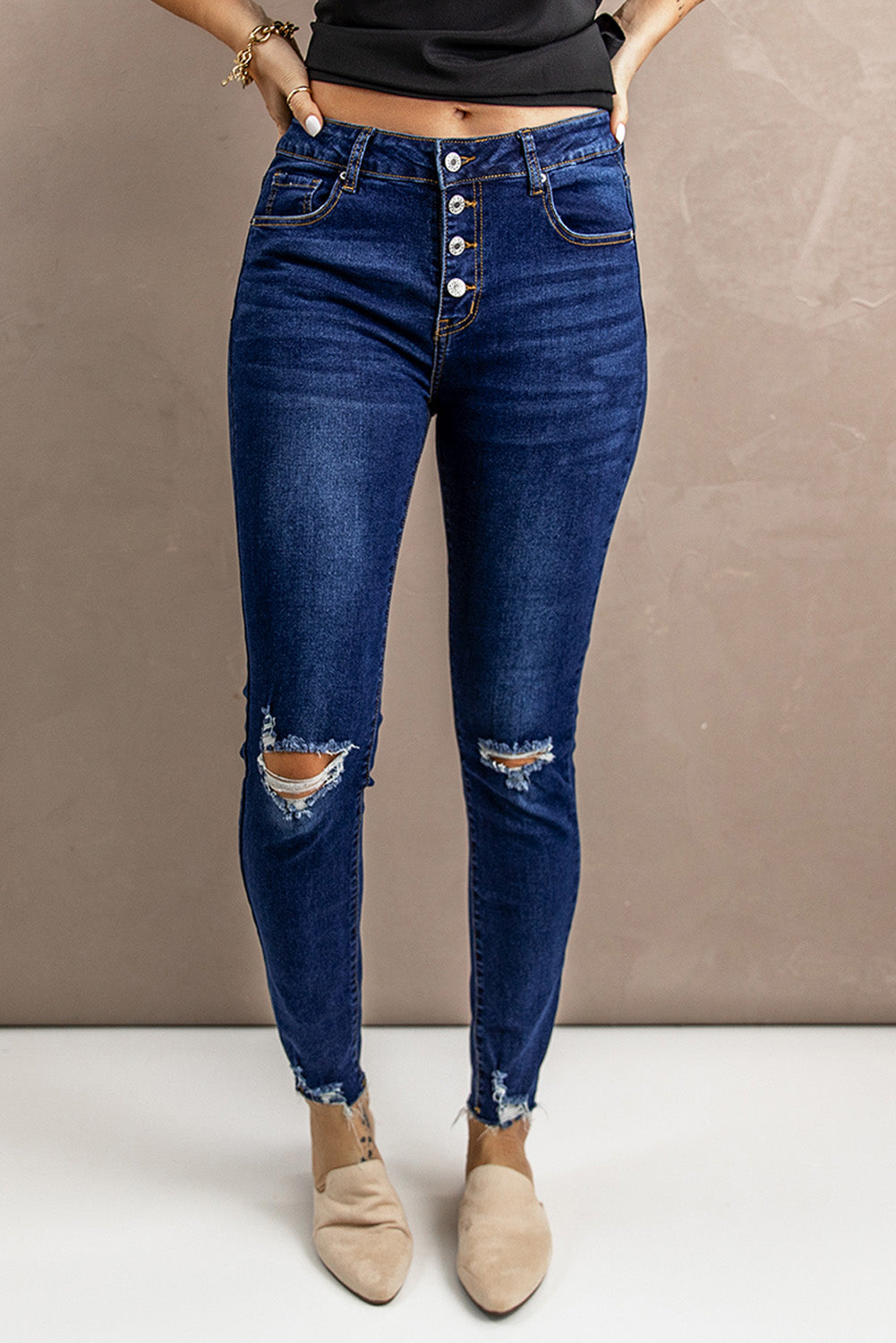 Button Fly Distressed Skinny Jeans | Swanky Doll Clothing