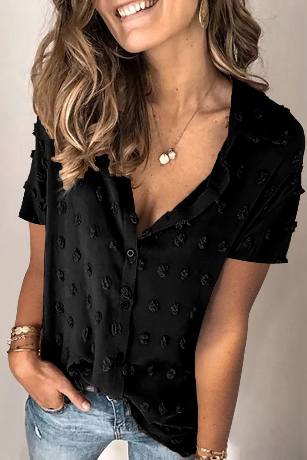 Swiss Dot Collar Short Sleeve Shirt | Swanky Doll Clothing