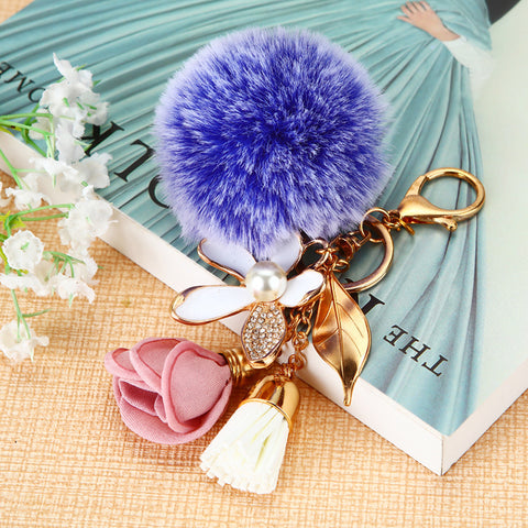 Flower Blue Pompom Heart Key Chain - Pretty Fab Things