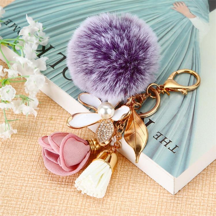 Flower Purple Pompom Heart Key Chain - Pretty Fab Things