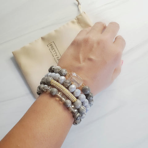 Girly & Gray Pave Crystal & Amazonite Bead Bar Bracelet Set 