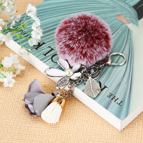 Gray Rose Accent & Pom Key Chain | Swanky Doll Clothing