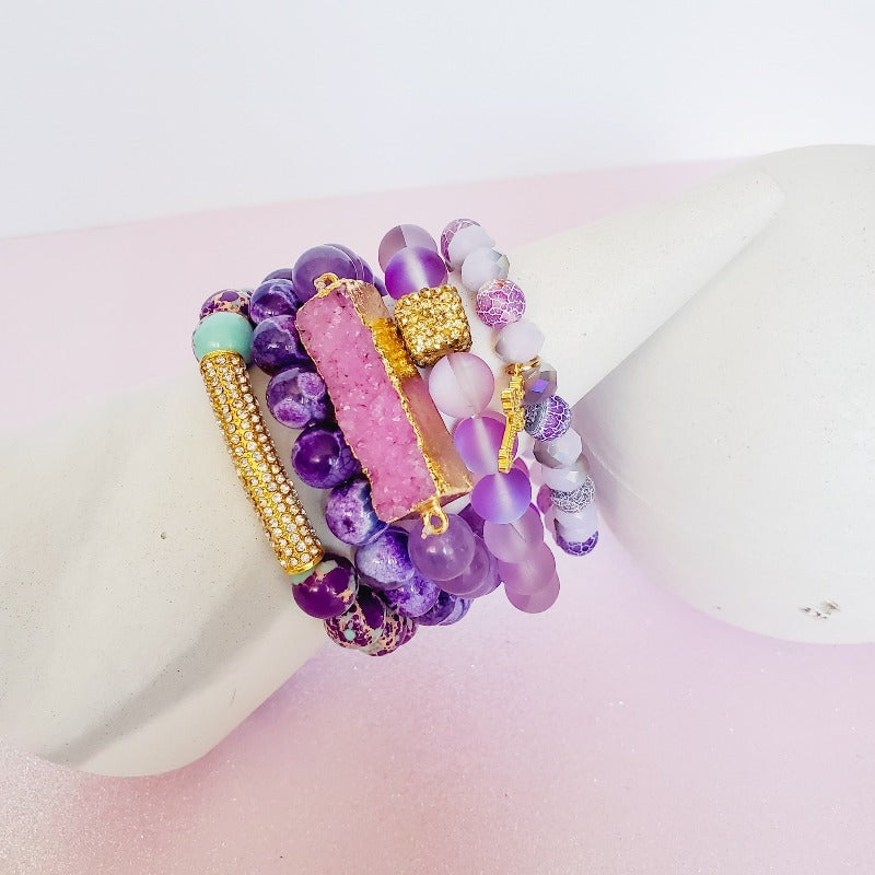 Purple Unicorn Crystal  Pave 5 Piece Bracelet Set