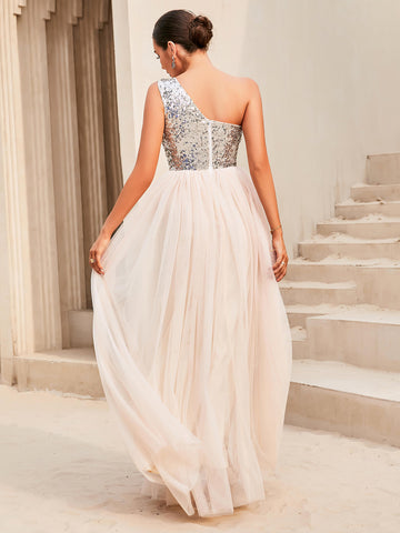Two-Tone Sequin One-Shoulder Sleeveless Dress