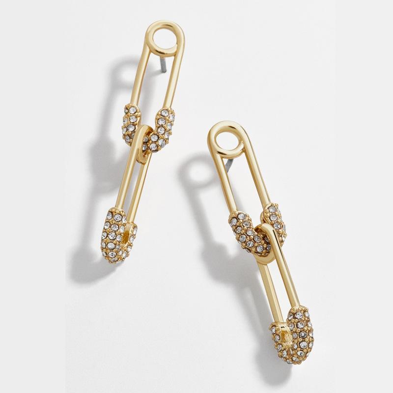 Double The Gold Crystal  Safety Pin Earrings - Pretty Fab Things