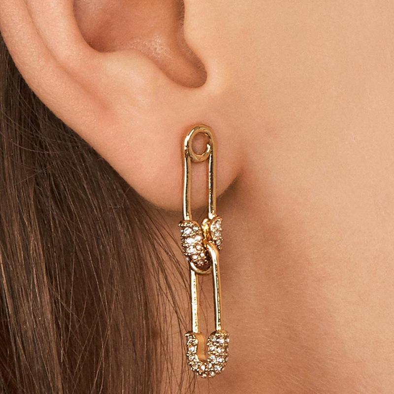 Double The Gold Crystal  Safety Pin Earrings - Pretty Fab Things